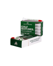 Two green golf tees from Three Putt Round's matchbox, neatly arranged on a white background.
