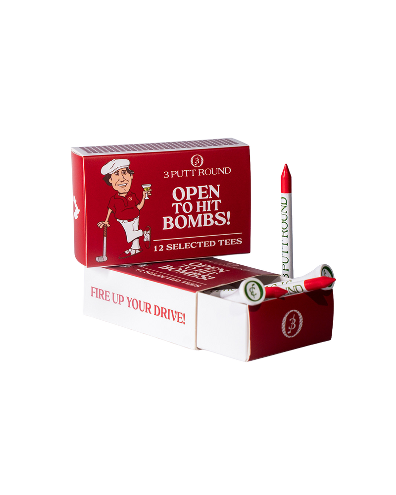 Box of Three Putt Round Red Golf Tees with a matchbox-style design, neatly arranged on a white background.