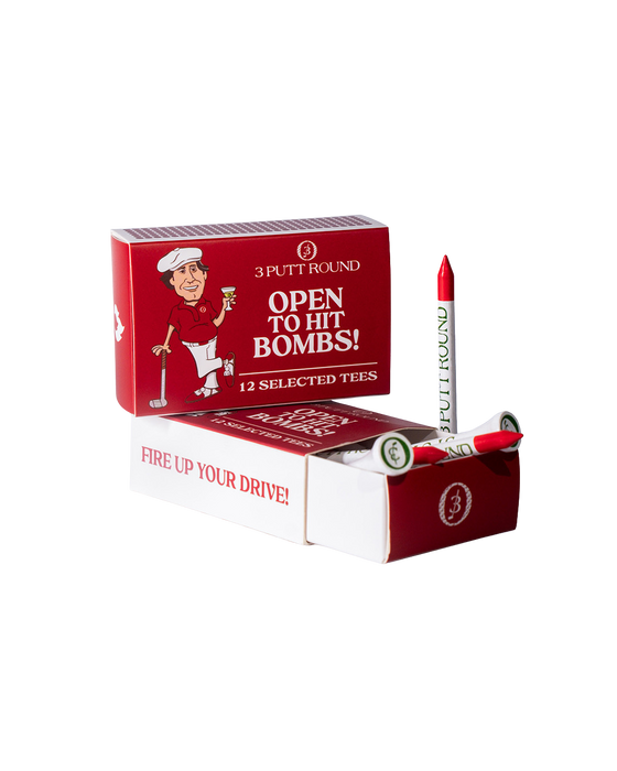 Box of Three Putt Round Red Golf Tees with a matchbox-style design, neatly arranged on a white background.