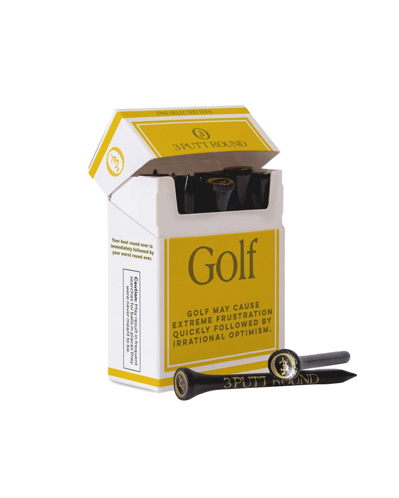 Set of gold-colored golf tees from Three Putt Round's Golf Addiction Tee Pack, displayed on a white background.