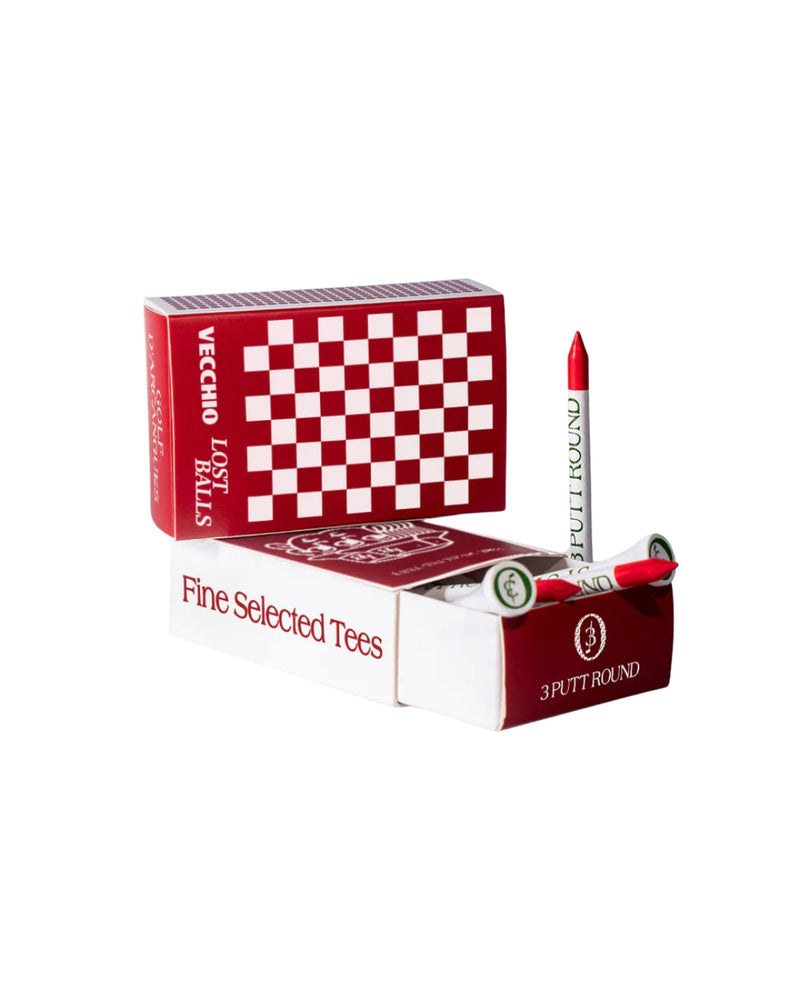Set of Three Putt Round Vecchio x Lost Balls golf tees in a matchbox, featuring colorful, lightweight plastic golf tees for easy use.