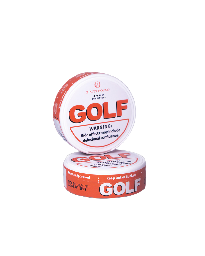 Three Putt Round Orange Upper Decky Tee Pack, colorful golf-themed tees arranged in a pack for golf enthusiasts.